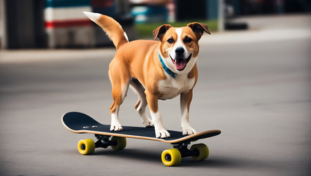 Portrait of a funny dog on a skateboard in the cityの素材