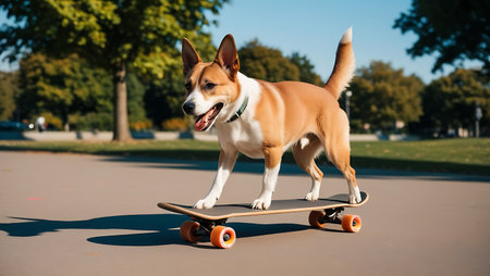 Portrait of a cute dog on a skateboard in the parkの素材