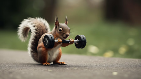 Squirrel with dumbbells in the park. Shallow depth of field.の素材