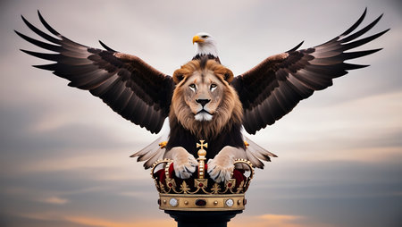 Lion king with crown and eagle wings. 3d illustration.の素材