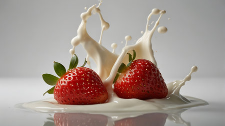 strawberry in a milk splash on a white background close upの素材