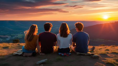 Group of friends sitting on top of the mountain and watching the sunsetの素材
