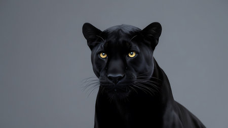 black panther with yellow eyes on gray background, close-upの素材