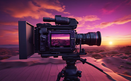 Digital composite of Video camera in the desert at sunset. 3d renderの素材