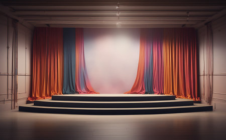 Stage with red and blue curtains, 3d rendering. Computer digital drawing.の素材