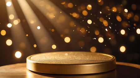 golden podium with bokeh lights on background. 3d renderingの素材