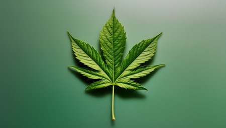 Cannabis leaf on green background. Top view. Copy spaceの素材