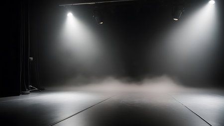 Stage lights and spotlights in a dark room with smoke and fogの素材