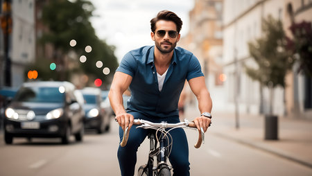 young man in sunglasses riding bicycle on city street, concept of healthy lifestyleの素材