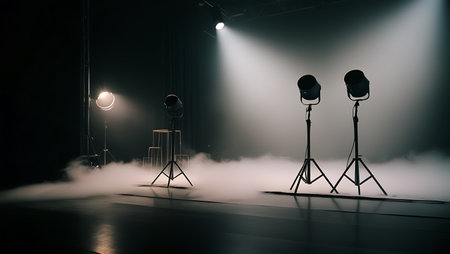 Professional studio lighting equipment on stage with smoke and fog in the darkの素材