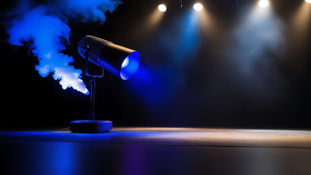 Studio shot of a spotlight on stage with smoke coming out of itの素材