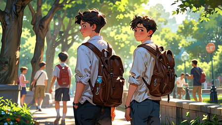 Two young boys with backpacks in the park, 3d renderingの素材