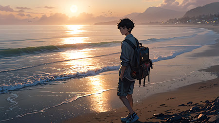 Young man with backpack walking on the beach at sunset. 3d renderingの素材