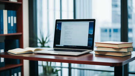 Laptop with blank screen and books on the table in the officeの素材