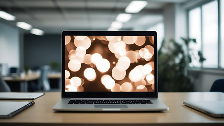 Closeup of laptop with bokeh lights on screen in officeの素材