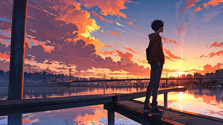 Man standing on the bridge and looking at the sunset. 3d renderの素材