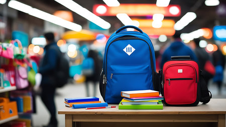 Back to school concept. Backpack and books on table in shopping mallの素材