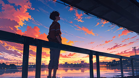 Silhouette of a girl standing on the bridge over the river at sunsetの素材