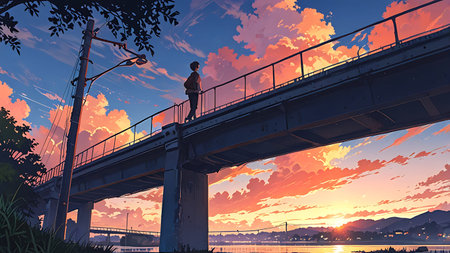 Man walking on the bridge over the river at sunset, vector illustrationの素材