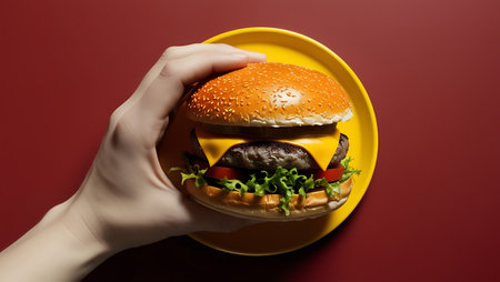 Hamburger on a yellow plate in hand on a red backgroundの素材