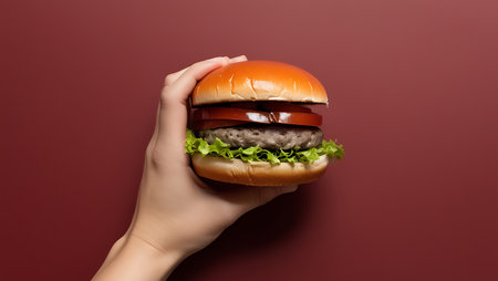Female hand holds a hamburger on a red background. Close-up.の素材