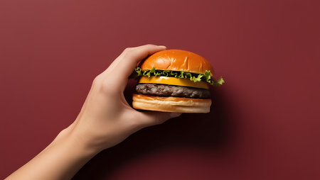 cropped view of woman holding hamburger on color background, fast food conceptの素材