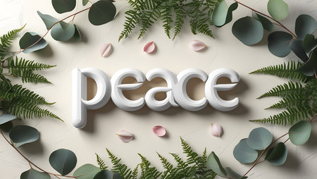 Decorative word Peace with eucalyptus leaves on white backgroundの素材