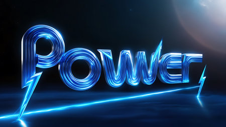 Power word with blue neon light effect, 3D rendering illustration.の素材