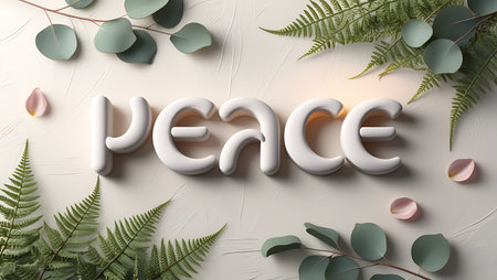 3d rendering of the word Peace with eucalyptus leaves on a white backgroundの素材