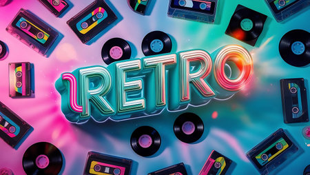 Retro neon sign with vinyl records on a colorful background. 3D Renderingの素材