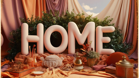 3d rendering of home text with flowers on orange fabric background.の素材