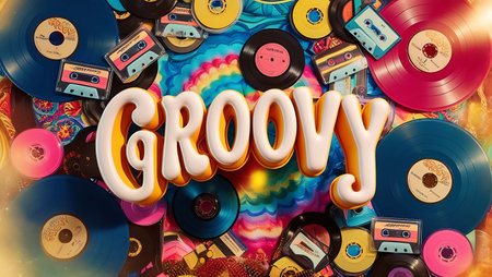 3d rendering of a group of vinyl records with the word GROWYの素材