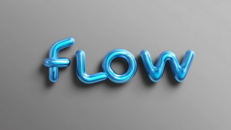glossy blue 3d word FLOW on a gray backgroundの素材