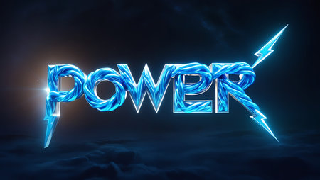 Power word made of blue neon lights on dark background 3D renderingの素材