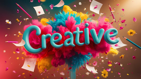 Creative word against colourful background with vignette. 3d illustrationの素材