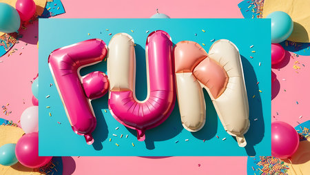 Fun balloons and confetti on pink and blue background. 3d renderingの素材