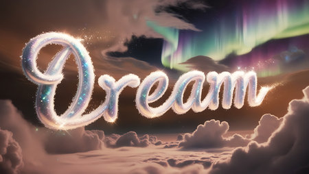 The word dream against aurora borealis in night sky over cloudsの素材