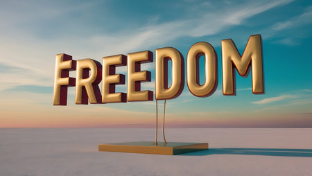 Freedom 3d word on blue sky background. Freedom concept. 3D renderingの素材