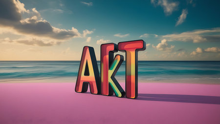 \3D rendering of the word \"\"AKT\"\" on a pink beach"の素材