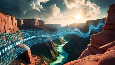 Digital code against scenic view of the Canyonlands National Park in Utahの素材