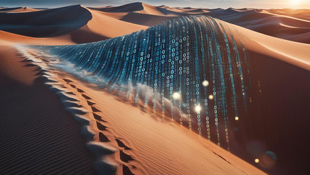 Digital binary code in the sand dunes. 3d illustration.の素材