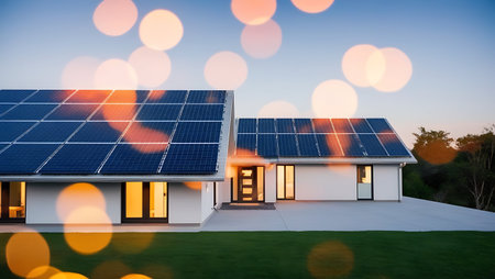 Solar panels installed on the roof of a house. Photovoltaic modules.の素材