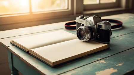 Vintage camera and book on wooden table with sunlight, vintage toneの素材