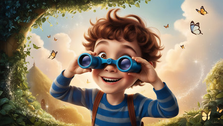 Cute little boy looking through binoculars at summer landscape with butterfliesの素材