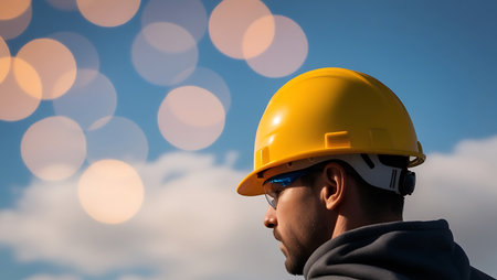 Worker in yellow helmet and safety glasses on blue sky background.の素材