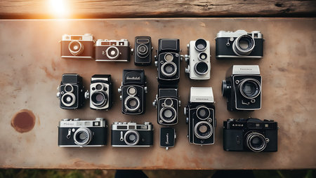 Top view of old vintage cameras on wooden tableの素材