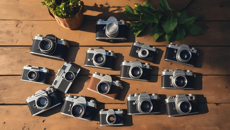 Vintage camera on a wooden table. Top view with copy spaceの素材