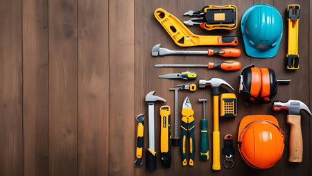 Assorted construction tools on wooden background. Top view with copy spaceの素材
