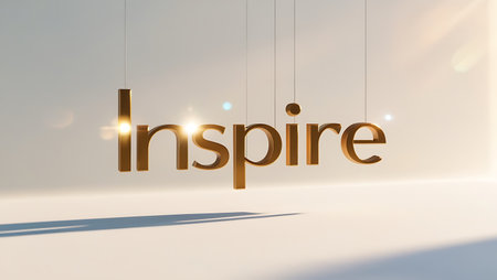 3d rendering of the word inspire in golden letters hanging on stringsの素材