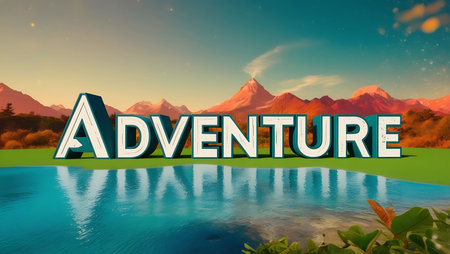 Adventure word on nature background with lake and mountains. 3D renderingの素材
